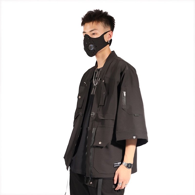 Functional robe jacket, splash-proof jacket, Chinese-style mecha structure, stacking bag, magnetic buckle kimono - Men's Coats & Jackets - Polyester Black