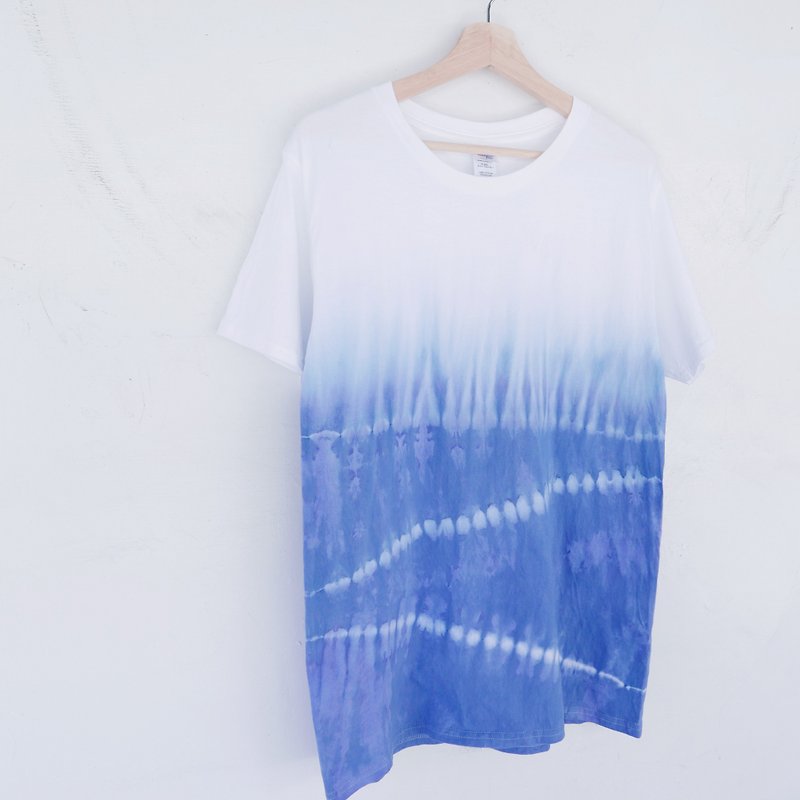 :White wave: Tie dye/T-shirt/Garment/Custom size/Men/Women - เสื้อยืดผู้ชาย - ผ้าฝ้าย/ผ้าลินิน สีน้ำเงิน