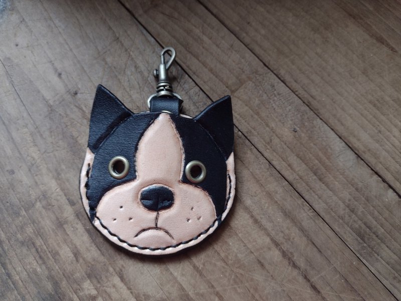 Cute naughty Q English and French bulldog gogoro key pure cowhide leather cover - ที่ใส่บัตรคล้องคอ - หนังแท้ สีดำ