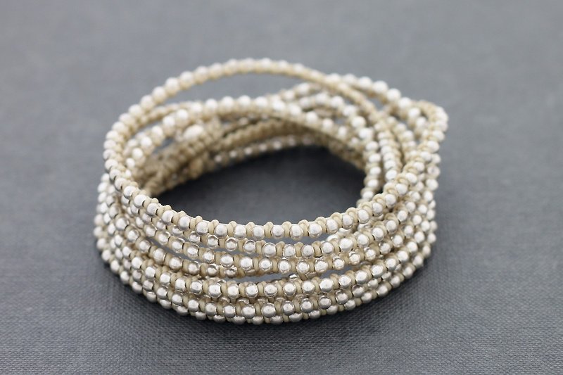 Ivory Silver Wrap Beaded Bracelets Woven Off White - 手鍊/手環 - 棉．麻 白色