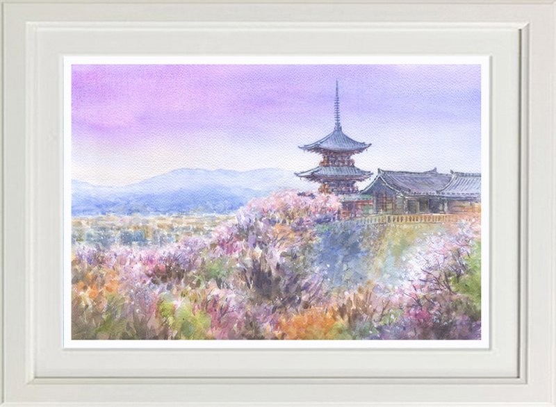 Made to order: Watercolor original painting: Kiyomizu-dera Temple in Spring - โปสเตอร์ - กระดาษ สึชมพู