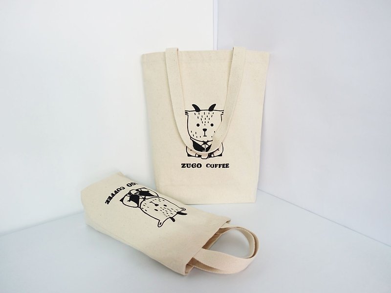 Goody Bag -帆布包+水壺袋  胖羊先生系列(可選擇花色) - 飲料提袋/杯袋/杯套 - 棉．麻 白色