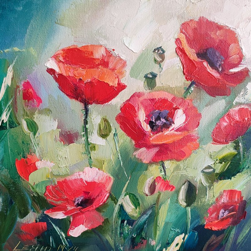 Poppies Oil Painting Poppy Small Art Red Flower Artwork Flower Painting OIl Art - 壁貼/牆壁裝飾 - 其他材質 紅色