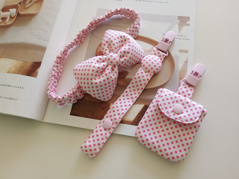 Pink little gift accessories births talismans group headband + bag + pacifier clip - ของขวัญวันครบรอบ - ผ้าฝ้าย/ผ้าลินิน สึชมพู