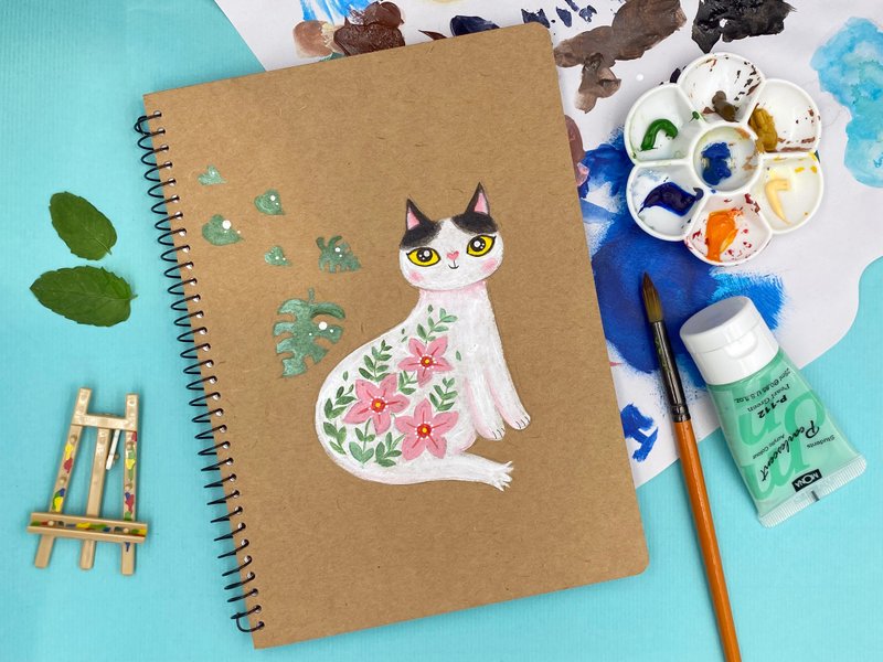 Hand-painted meow notebook/A5 blank coil/kraft paper cover - Notebooks & Journals - Paper Khaki