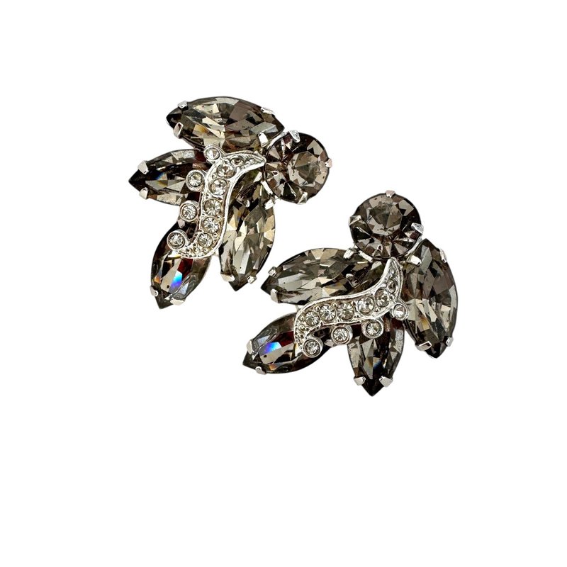 Vintage WEISS 1950s Clip-On Earrings Black Diamond collection signed gift idea - 耳環/耳夾/耳骨夾 - 其他金屬 灰色