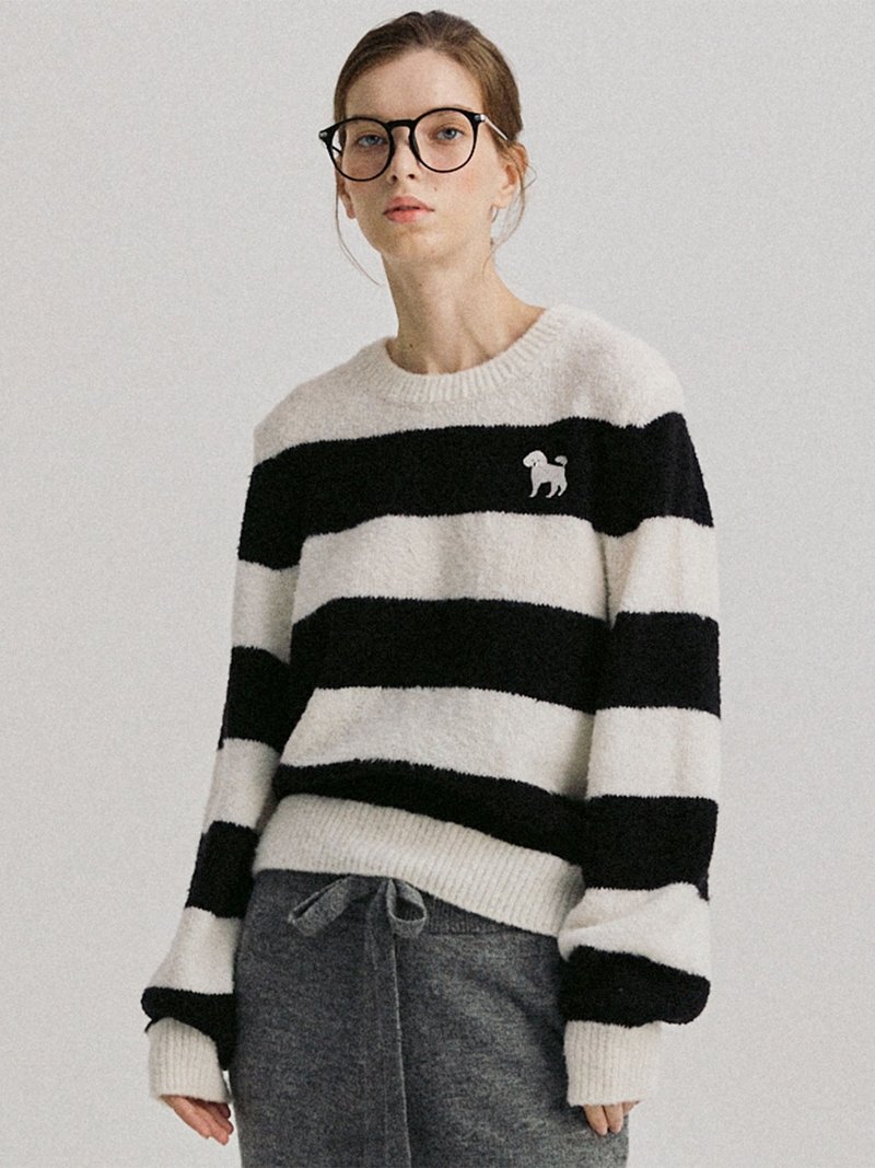 25 NEW Poodle poodle Wool Blend Stripe Knit Top Black Ivory - 女毛衣/針織衫 - 羊毛 黑色
