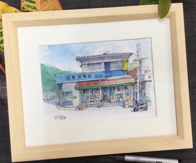 沖縄小店/手描きオリジナル水彩画/額縁付き - ショップ jun0926