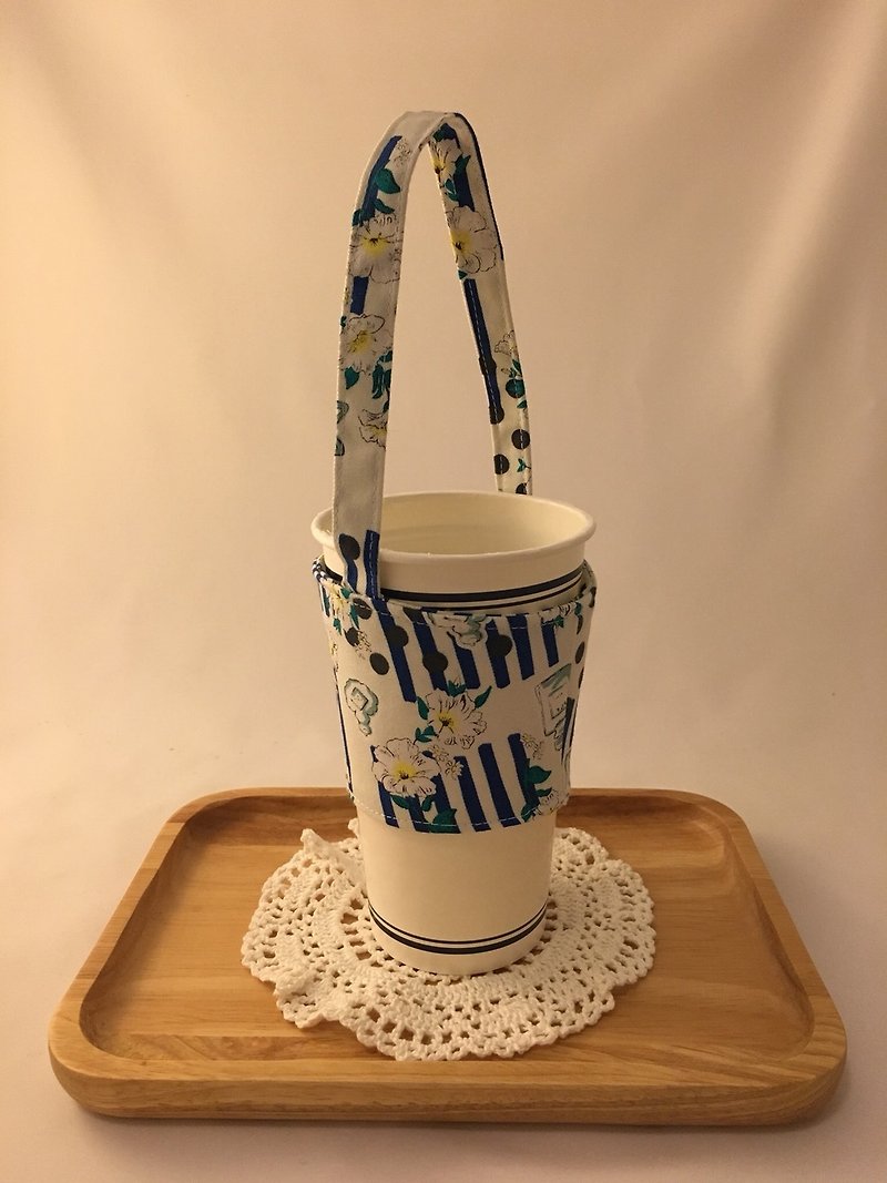 フランスの花の香り飲料カップパックバッグ - ドリンクホルダー - コットン・麻 ブルー