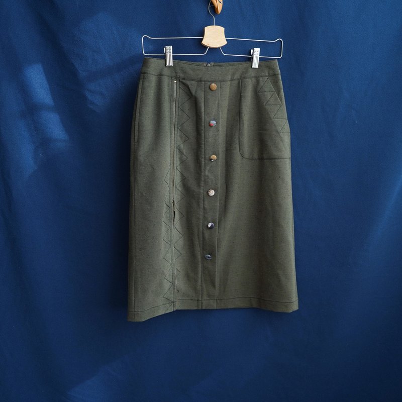 軍綠拉鍊古著過膝中古裙 vintage - 裙子/長裙 - 棉．麻 綠色