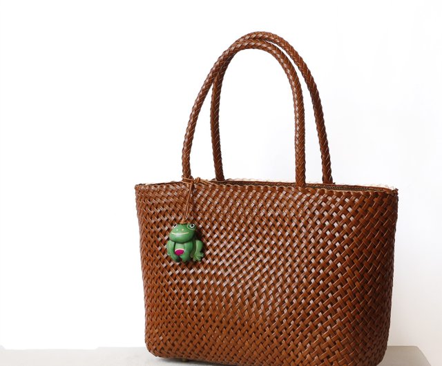 A4 size tanned leather cowhide hand woven tote bag watermark brown