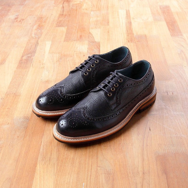 Vanger elegant and beautiful ‧ nostalgic long wing pattern mezzanine derby shoes Va208 black - Men's Casual Shoes - Genuine Leather Black