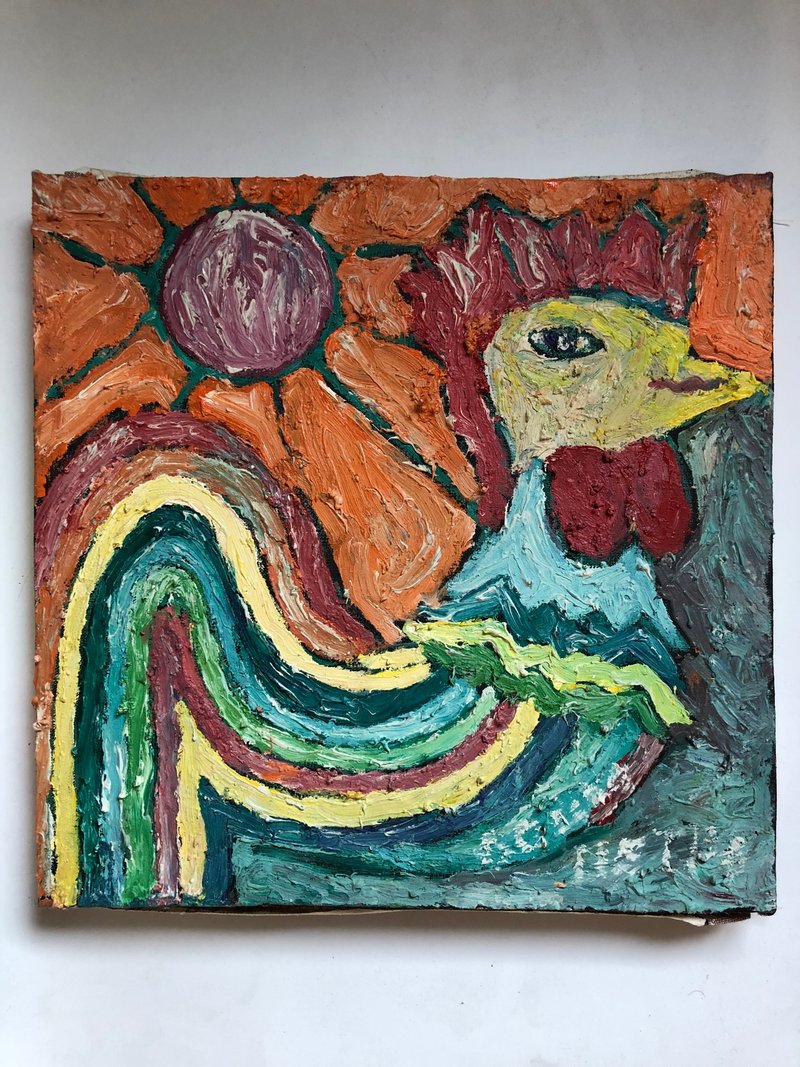 Vibrant textured artwork oil painting featuring a colorful stylized rooster bird - 壁貼/牆壁裝飾 - 棉．麻 多色