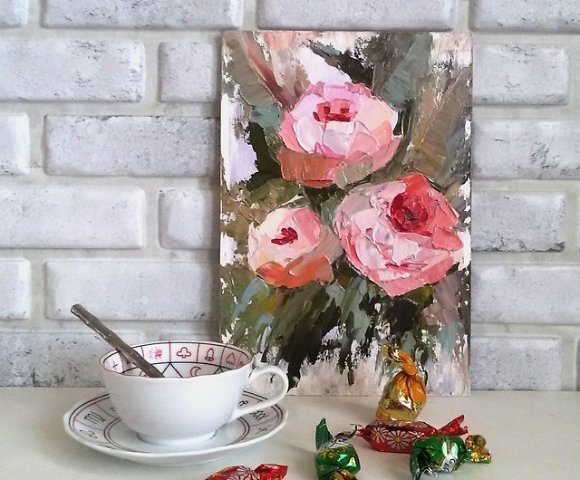 牡丹の絵、花のオリジナルアート、厚塗りの壁のアート、植物のアート