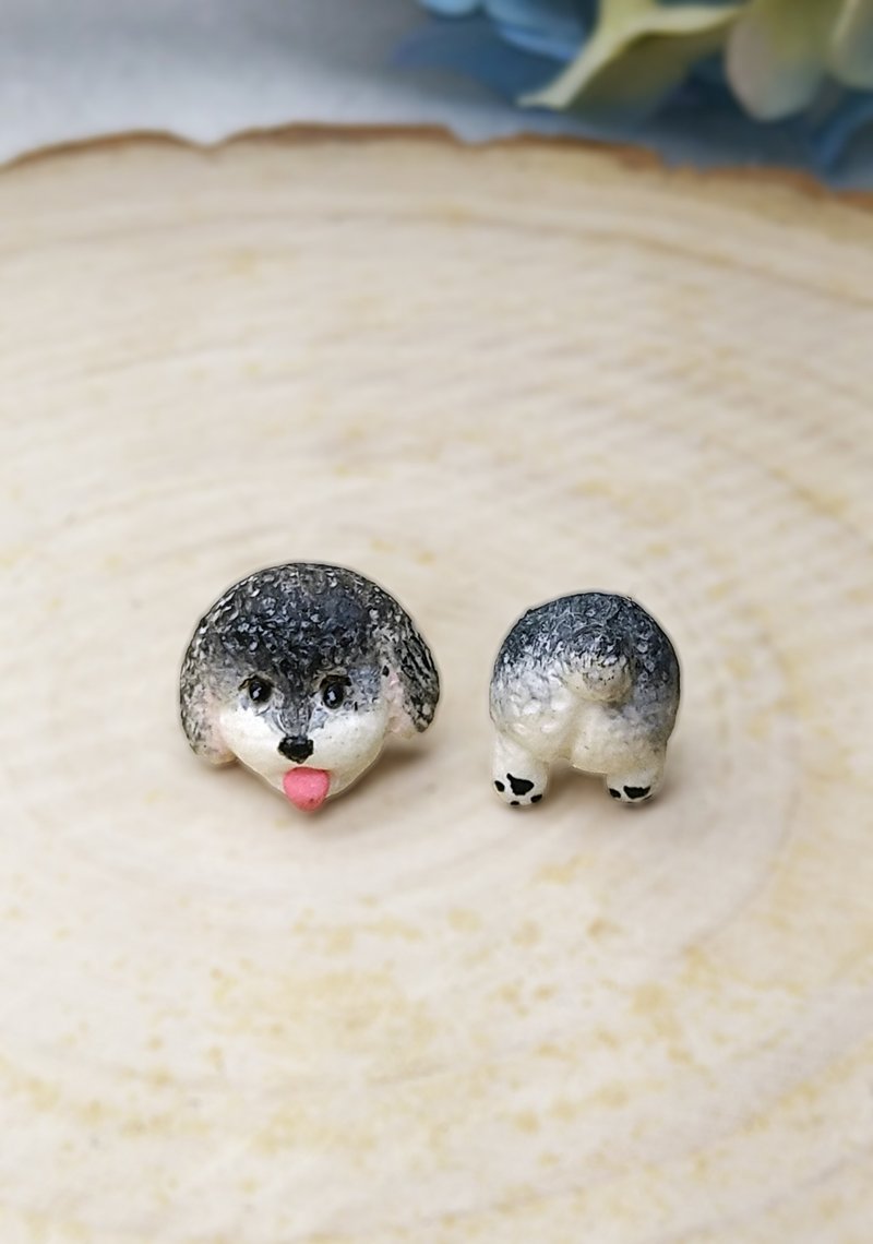 全手制 灰色 吐舌貴賓犬 貴婦狗 耳釘/耳夾 - 耳環/耳夾/耳骨夾 - 黏土 多色