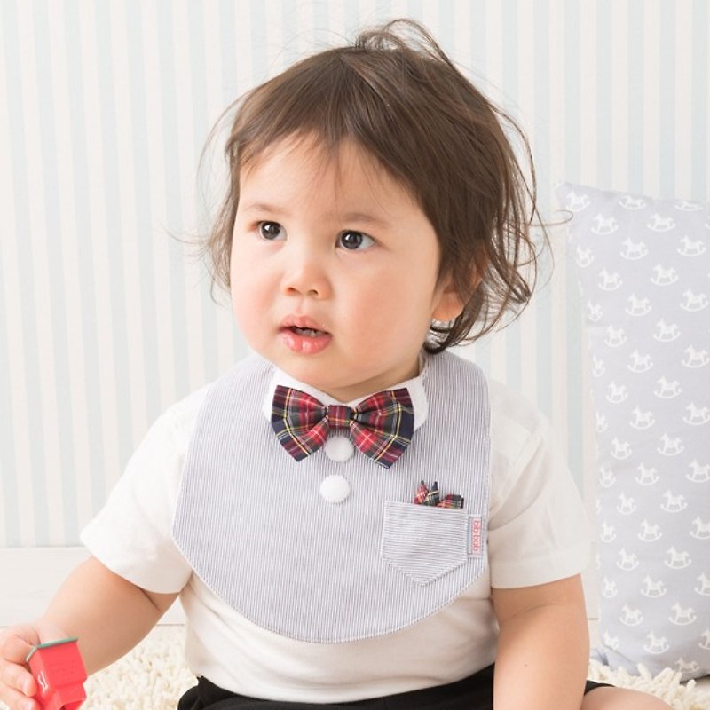 bib-bab Baby Bib Formal Type Gray (Red Blue Tartan Bow Tie) - ผ้ากันเปื้อน - ผ้าฝ้าย/ผ้าลินิน สีเทา