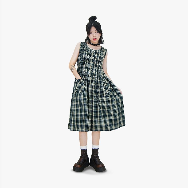 A‧PRANK: DOLLY :: vintage VINTAGE dark green checked lace vest skirt vintage dress (D709005) - One Piece Dresses - Cotton & Hemp 