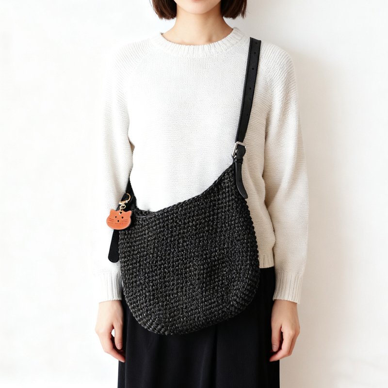 A4 Size Compatible Simple Cotton Knit Leather Bag Diagonal Tote Bag Storage Bag With Pouch - กระเป๋าแมสเซนเจอร์ - หนังแท้ สีดำ
