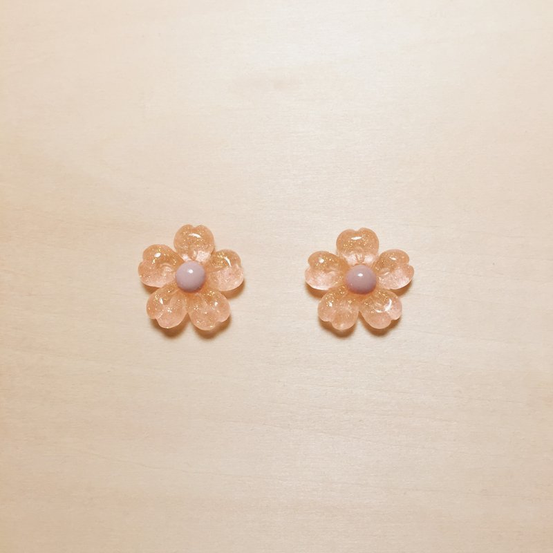 復古橘亮粉櫻花耳環 - 耳環/耳夾/耳骨夾 - 樹脂 橘色