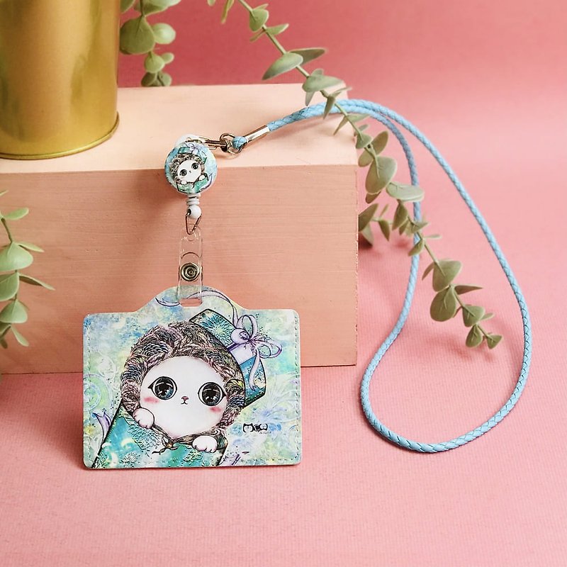 Lanyard card holder | horizontal | leisure card holder | identification card holder | student card-super cute gift cat - ID & Badge Holders - Faux Leather Green