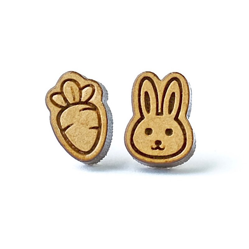 素色木耳環-小兔子與它的紅蘿蔔 - 耳環/耳夾 - 木頭 咖啡色