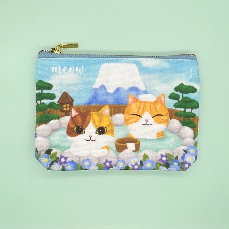 Meow cat enjoy hot spring under Fuji mountain small bag pouch - Toiletry Bags & Pouches - Other Materials Blue