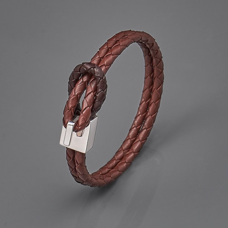 方釦編織皮繩手環 - 手鍊/手環 - 真皮 咖啡色