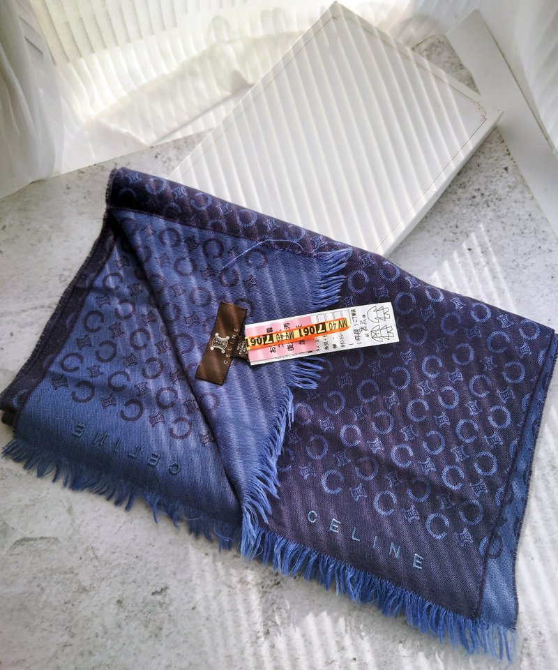 中古孤品 帶盒CELINE 凱旋門 羊毛 毛毯蓋毯頸巾圍巾領巾圍脖披肩 - 圍巾/披肩 - 羊毛 藍色