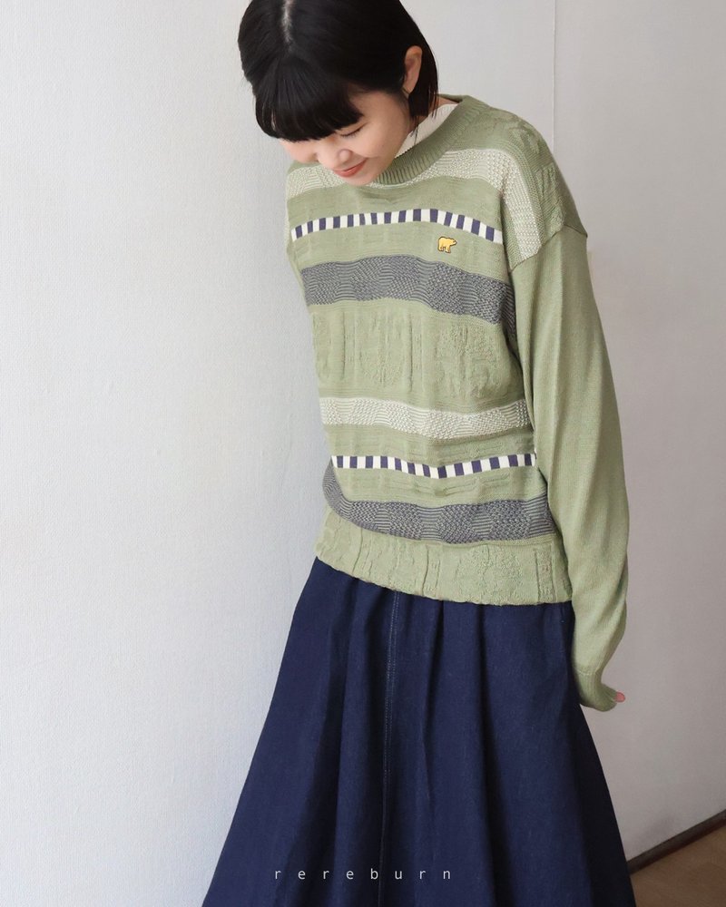 Winter retro neutral Japanese-made geometric knitted loose thin wool green vintage sweater - สเวตเตอร์ผู้หญิง - ขนแกะ สีเขียว