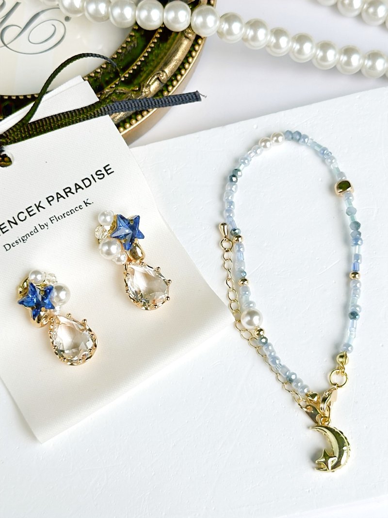 Swarovski Crystal Moon Star Accessories Set - ต่างหู - คริสตัล สีน้ำเงิน