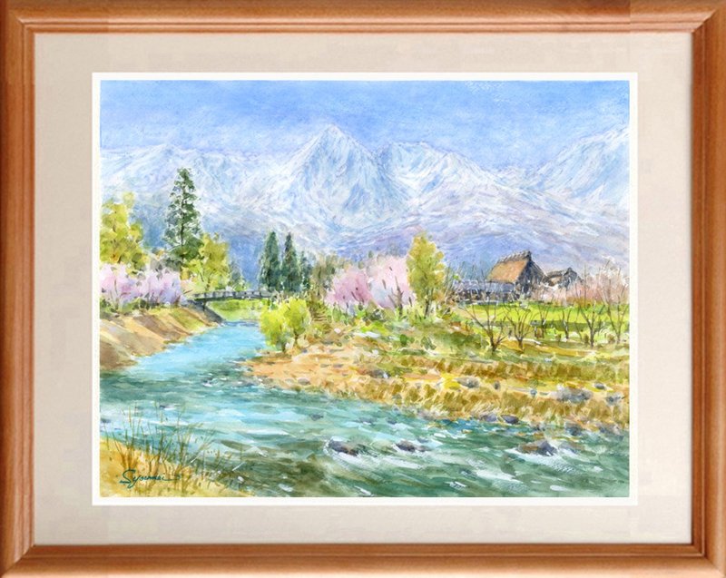 受注制作します　水彩画原画　北信濃の遅い春 - 海報/掛畫/掛布 - 紙 藍色