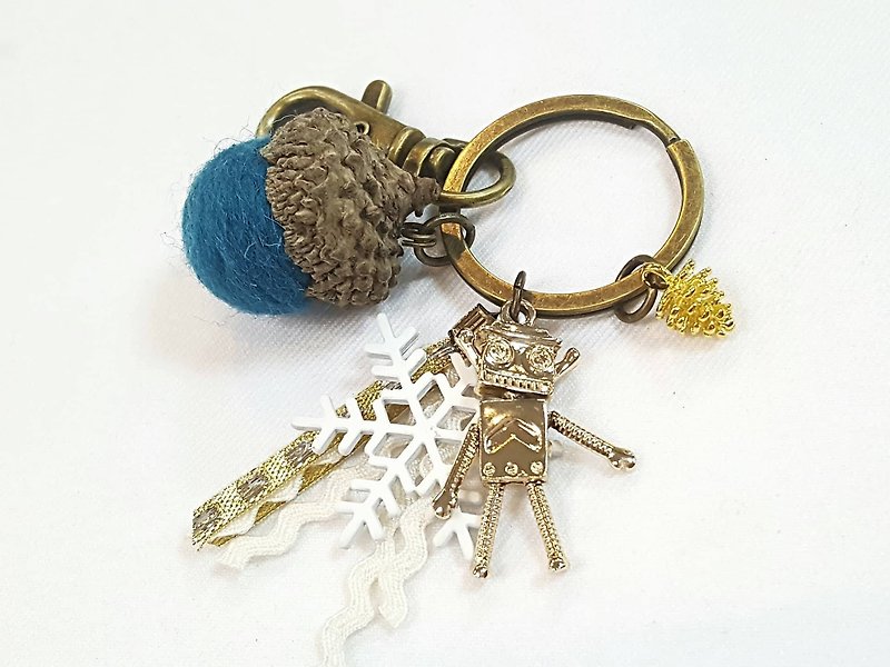 Paris*Le Bonheun. Forest of happiness. robot. Wool felt acorns. Pine cone key ring charm. Christmas gifts - Keychains - Other Metals Blue