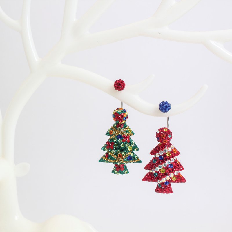 【小耶誕】聖誕樹造型C型耳環 / 施華洛世奇滿鑽耳環 - 耳環/耳夾/耳骨夾 - 其他材質 白色