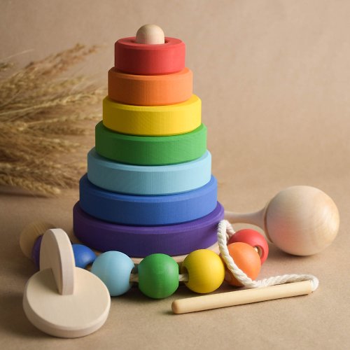 Wooden Educational Toy Wooden Montessori Baby Toys Set Rainbow: Lacing, Ring Stacker, Maracas, Disk