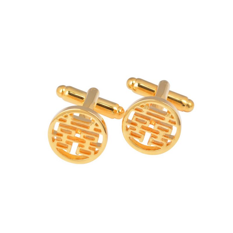 Round Double Happiness Gold Cufflinks 圓形雙喜字金色袖扣 KC10071 ** Free Gift ** - Cuff Links - Other Metals Gold
