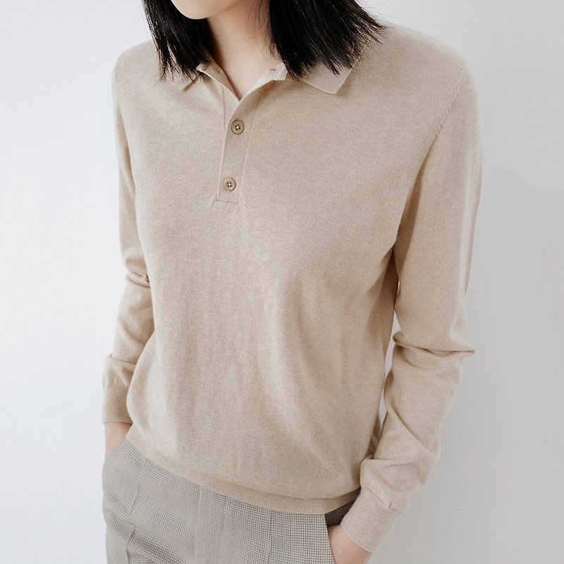 Chestnut Research Institute | Independently designed sand-colored Polo collar ultra-thin organic cotton/cashmere sweater can be machine washed - Women's Sweaters - Cotton & Hemp 