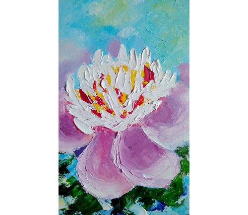 ColoredCatsArt White Peony Painting, Floral Original Art, Small Flower Wall Art, Oil Artwork
