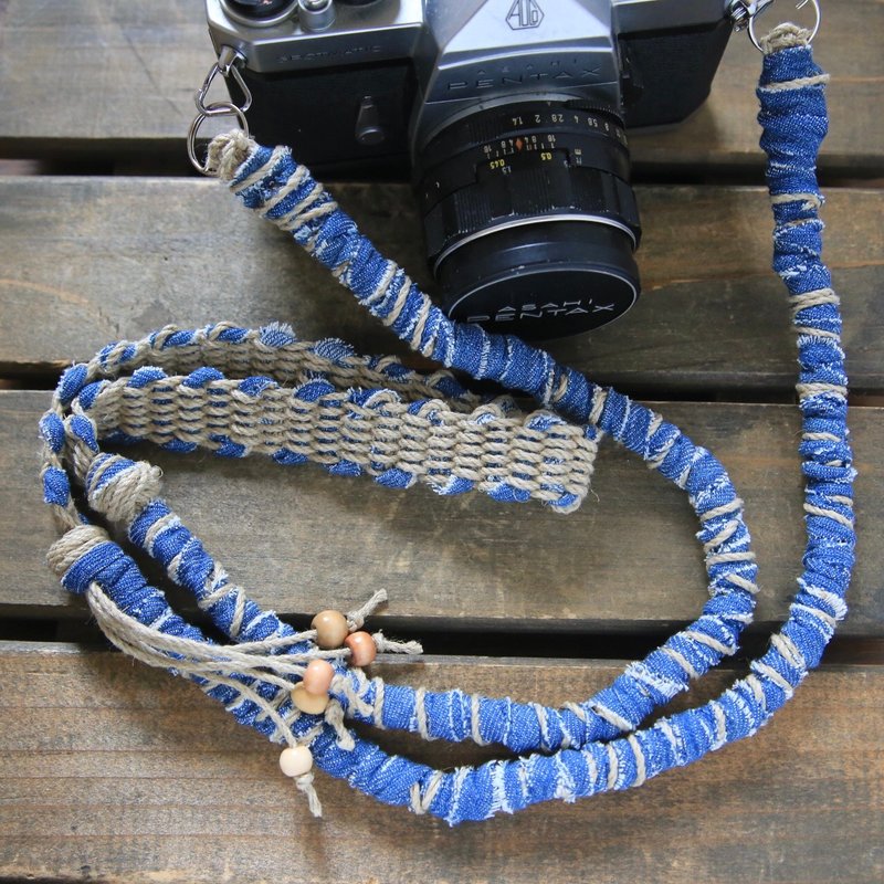 Camera strap/faded denim ripped cloth hemp cord hemp camera strap/belt - Camera Straps & Stands - Cotton & Hemp Blue