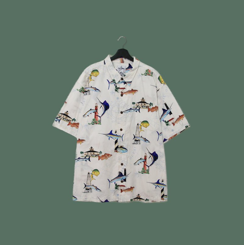 Back to Green- 魚圖騰短袖襯衫 繽紛 魚群與建築 vintage shirt - 男襯衫/休閒襯衫 - 棉．麻 