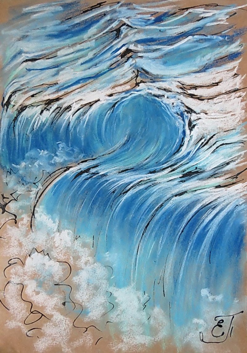 Original Ink Soft Pastel Drawing Kraft Paper Intuition Art Wave Home decor - โปสเตอร์ - กระดาษ สีน้ำเงิน