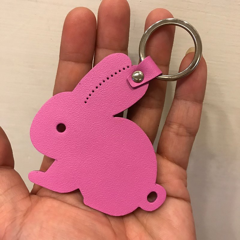 {Leatherprince handmade leather} Taiwan MIT pink cute rabbit silhouette version leather key ring / Rabbit Silhouette leather keychain in hot pink (Small size / - ที่ห้อยกุญแจ - หนังแท้ สึชมพู
