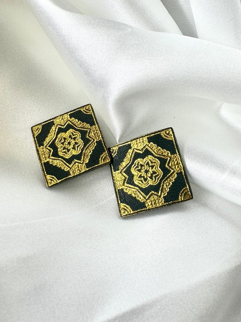 Peranakan Tile Studs - Fortune - Earrings & Clip-ons - Genuine Leather Green