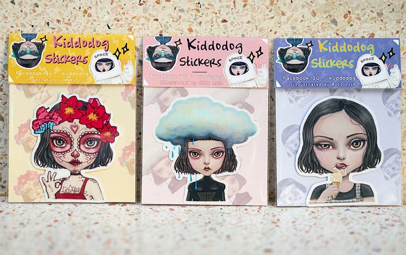 Kiddodog Sticker - Set of 3 - cute girl Character - girl stickers - sugar skull - rain - ice cream. - 貼紙 - 紙 