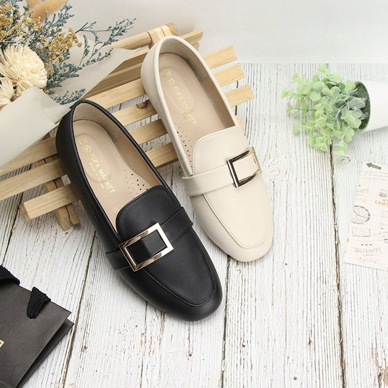 Classic Elegant Square Buckle Casual Loafers 1BE96 - รองเท้าอ็อกฟอร์ดผู้หญิง - หนังเทียม สีดำ