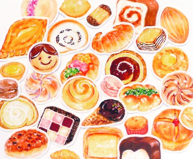 水彩taiwanパン屋ーフレークシール 30種類 お菓子 パン ケーキ マカロニ 水彩 チョコ おしゃれ 台湾 ショップ 赤い時計 シール Pinkoi