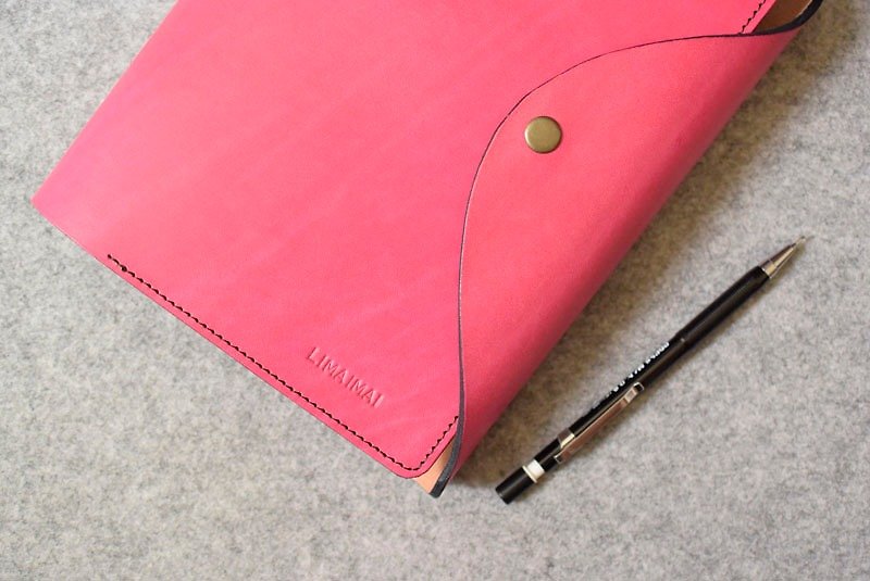Leather Loose-leaf Notebook + Banknote Bag Curved Upper Cover Copper Buckle Upgraded Version A5-Size Bright Peach Leather - Notebooks & Journals - Genuine Leather 