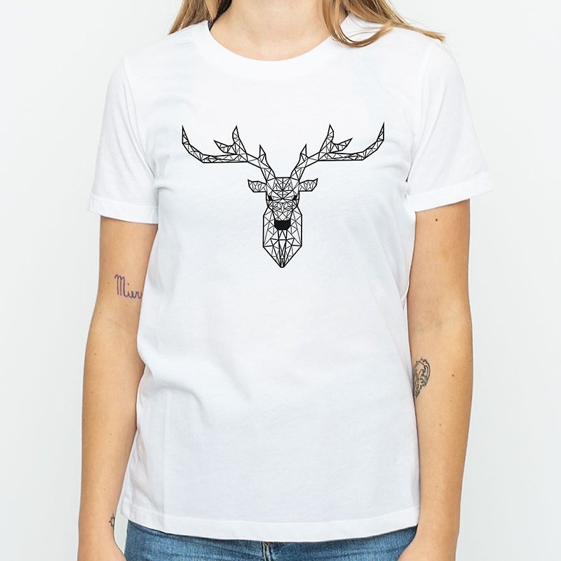 Deer Geometric men's and women's short-sleeved T-shirt white geometric deer universe design self-made brand Milky Way trendy round triangle - Women's T-Shirts - Cotton & Hemp White