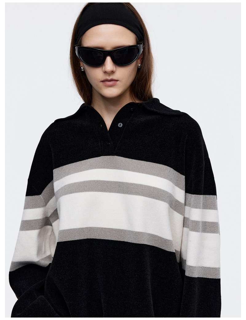 Black velvet glossy soft and delicate versatile top Loose thick stripes color-blocked long-sleeved lapel polo shirt - Women's Sweaters - Polyester Black