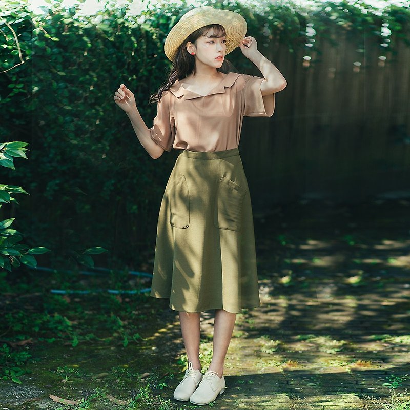 陳庭妮2017年夏の新グリーンAラインのドレスのスカート - スカート - コットン・麻 グリーン