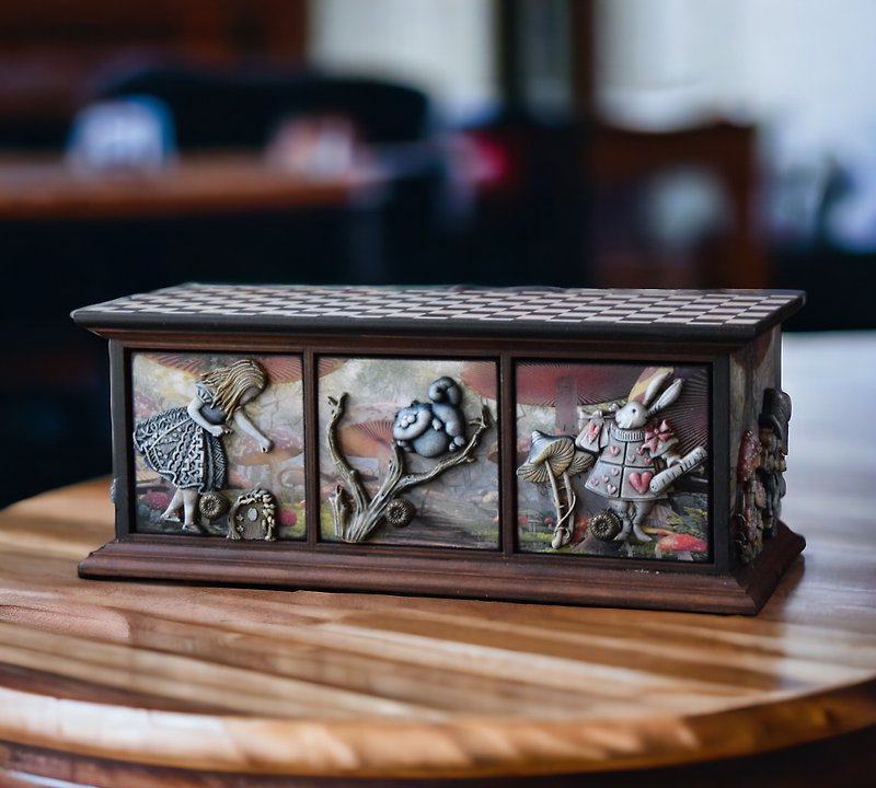 Alice in Wonderland Jewelry box Whimsical furniture for bedroom - 收納箱/收納用品 - 木頭 多色